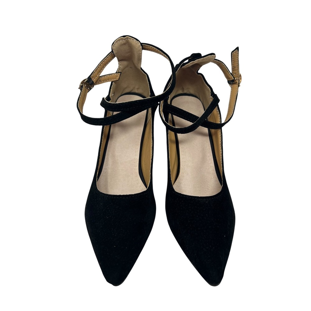 Womens Black Faux Suede Pointed Toe Block Heel Crisscross Ankle Strap Pumps 40